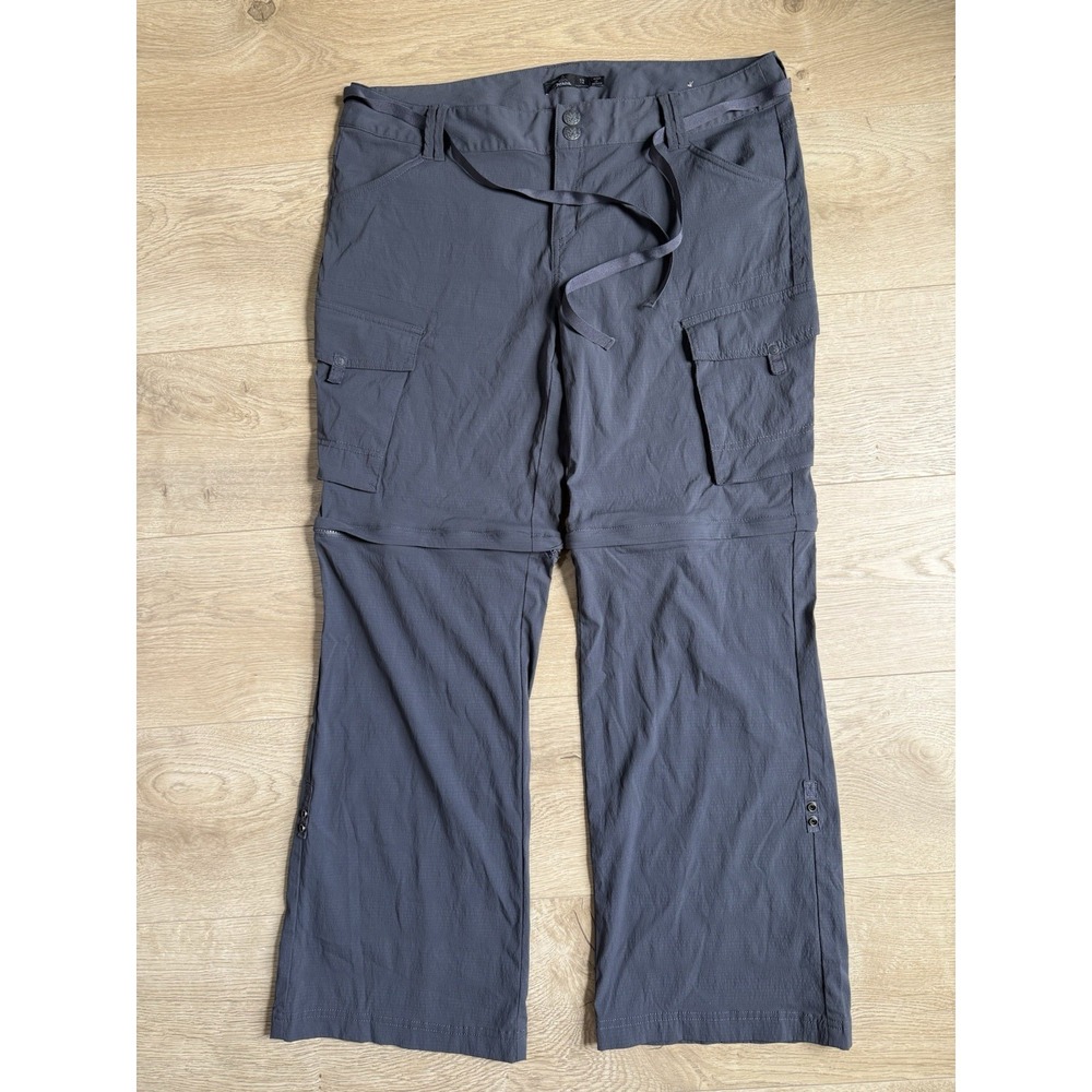EUC prAna Womens Grey Nylon Hiking Zip Off Convertible Hiking Pants Belt Size 12